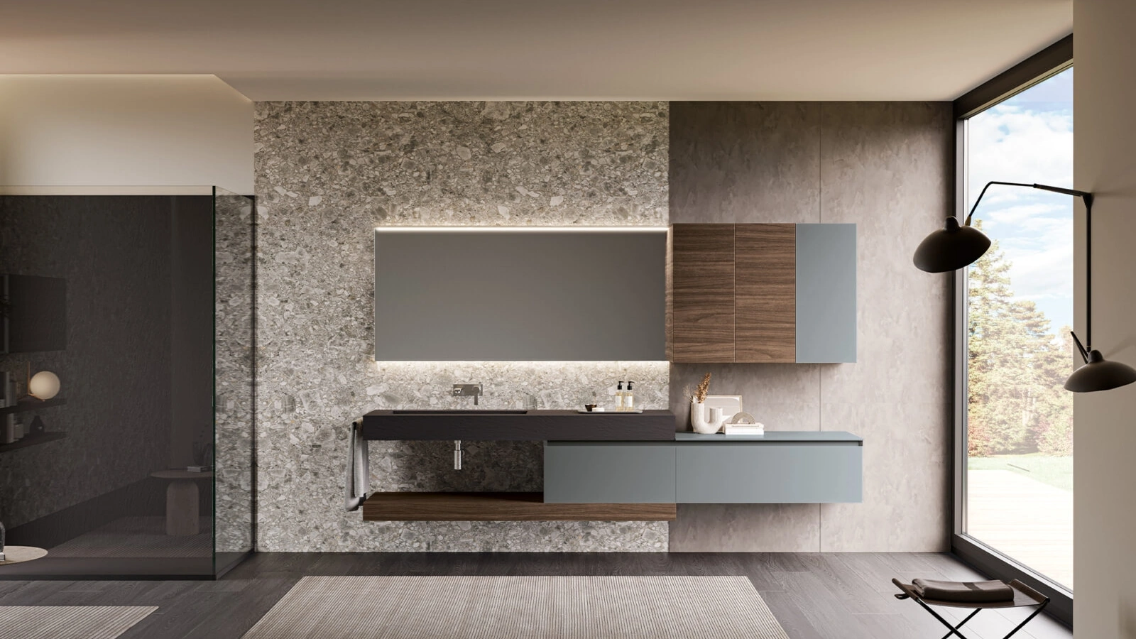 Mobile da Bagno sospeso Airy Edge 02 in laccato Granito con top in Gres Ardesia Nero di RCR