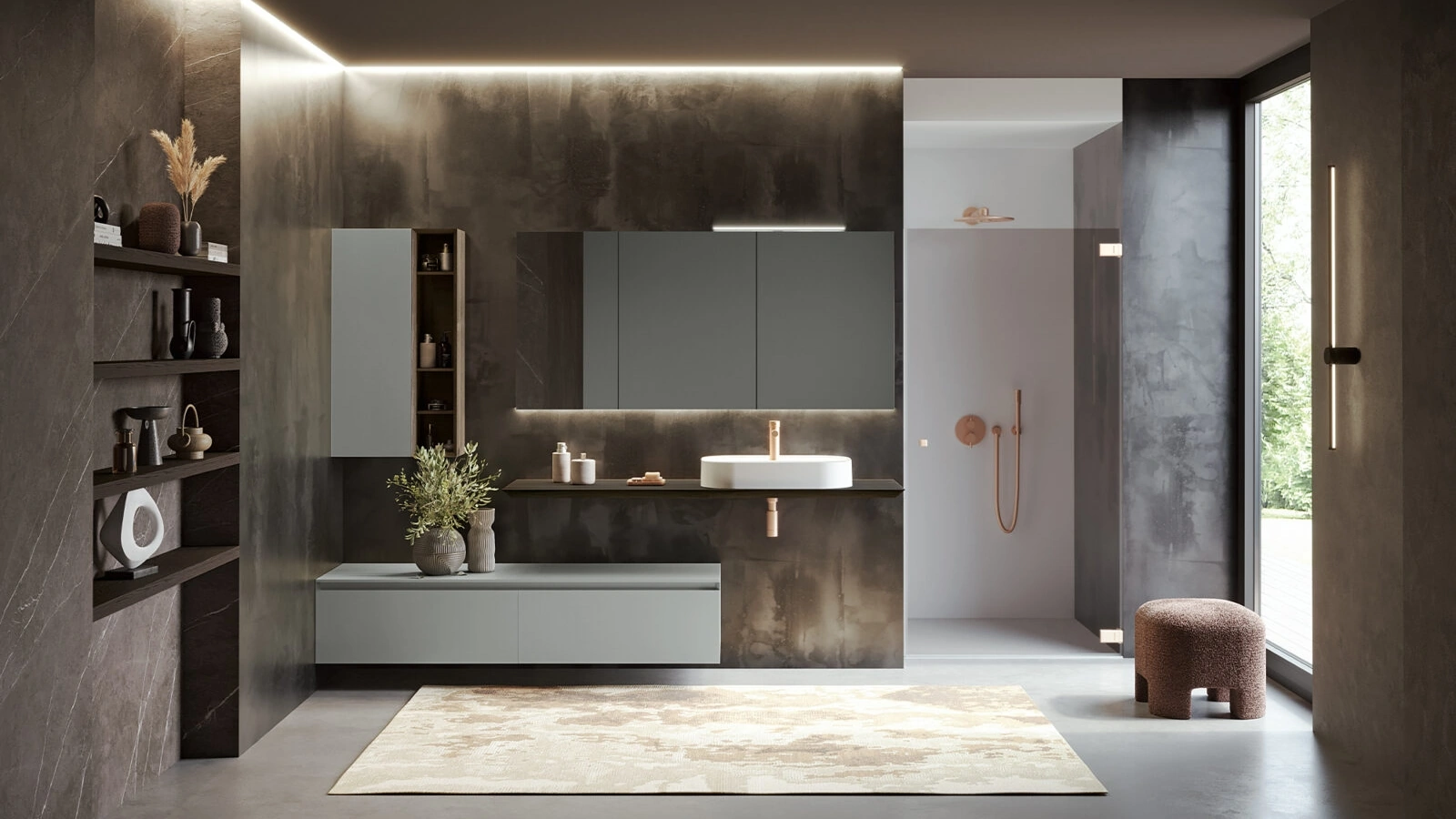 Mobile da Bagno sospeso Airy Edge 03 in laccato Grigio seta opaco e legno di RCR