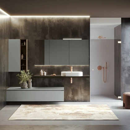 Mobile da Bagno sospeso Airy Edge 03 in laccato Grigio seta opaco e legno di RCR