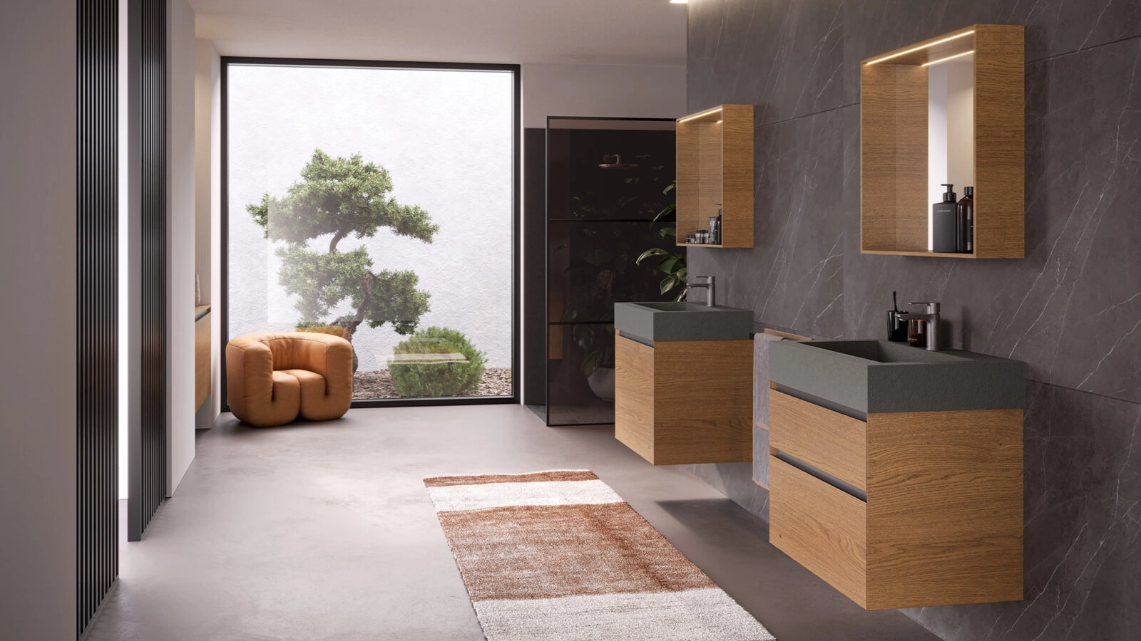 Mobile da Bagno sospeso in legno di Rovere tinto Cognac e Cemento Airy Edge 09 di RCR