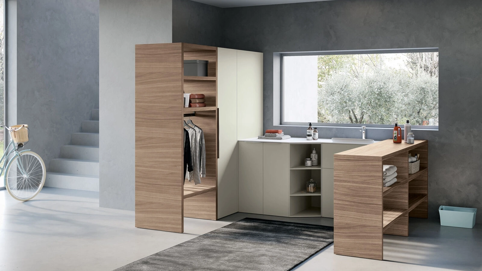 Mobile Lavanderia Airy My Space 04 in laccato Ecrù opaco e Noce Oregon di RCR