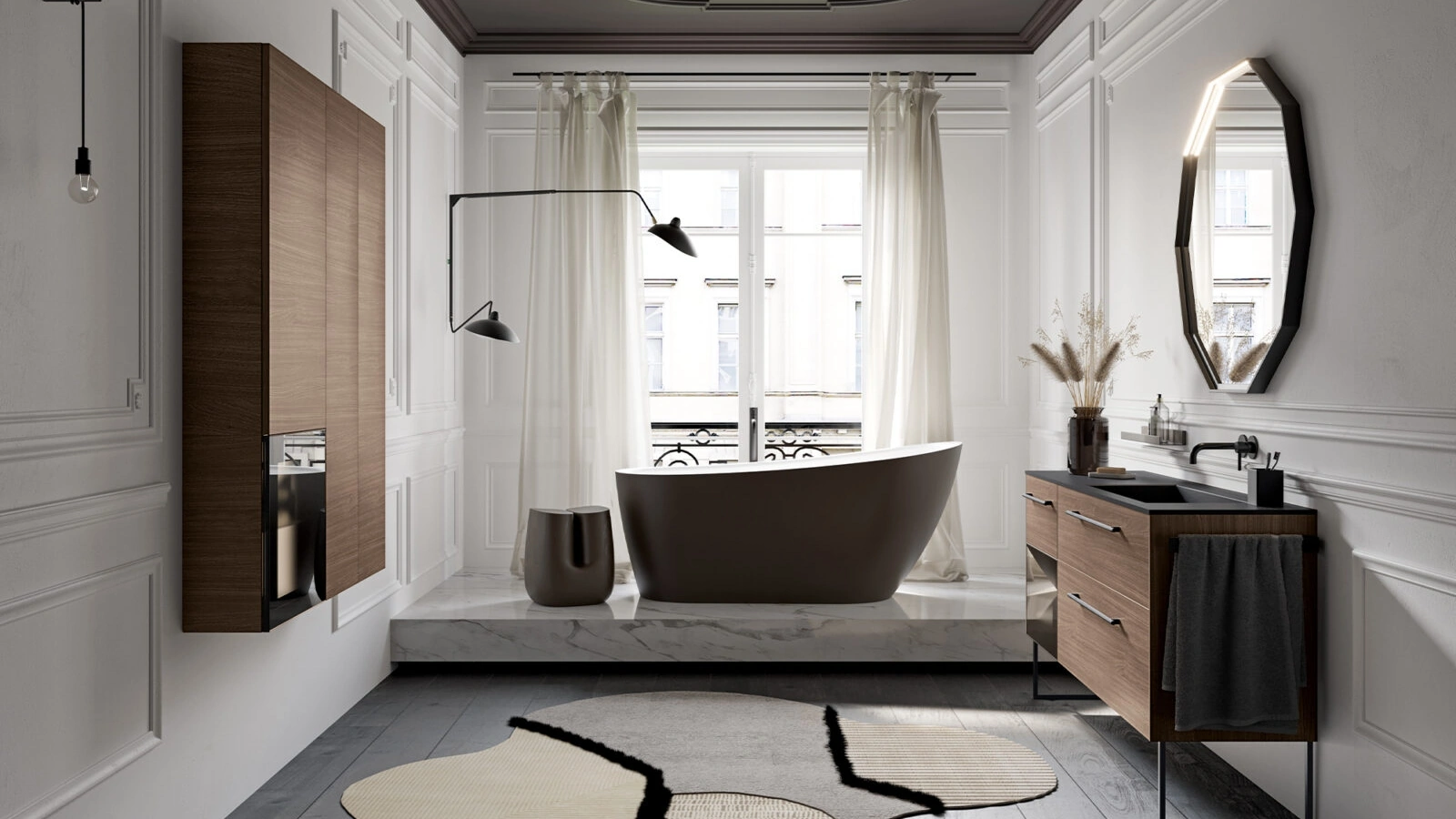 Mobile da Bagno a terra Airy Sistema 09 finitura Noce Oregon e Vetro di RCR