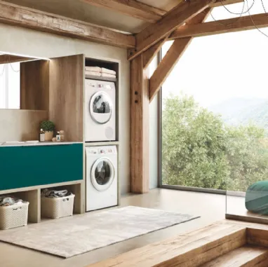 Mobile da Bagno per lavanderia in laccato Verde Blu opaco e HPL Rovere Laundry 08 di Puntotre