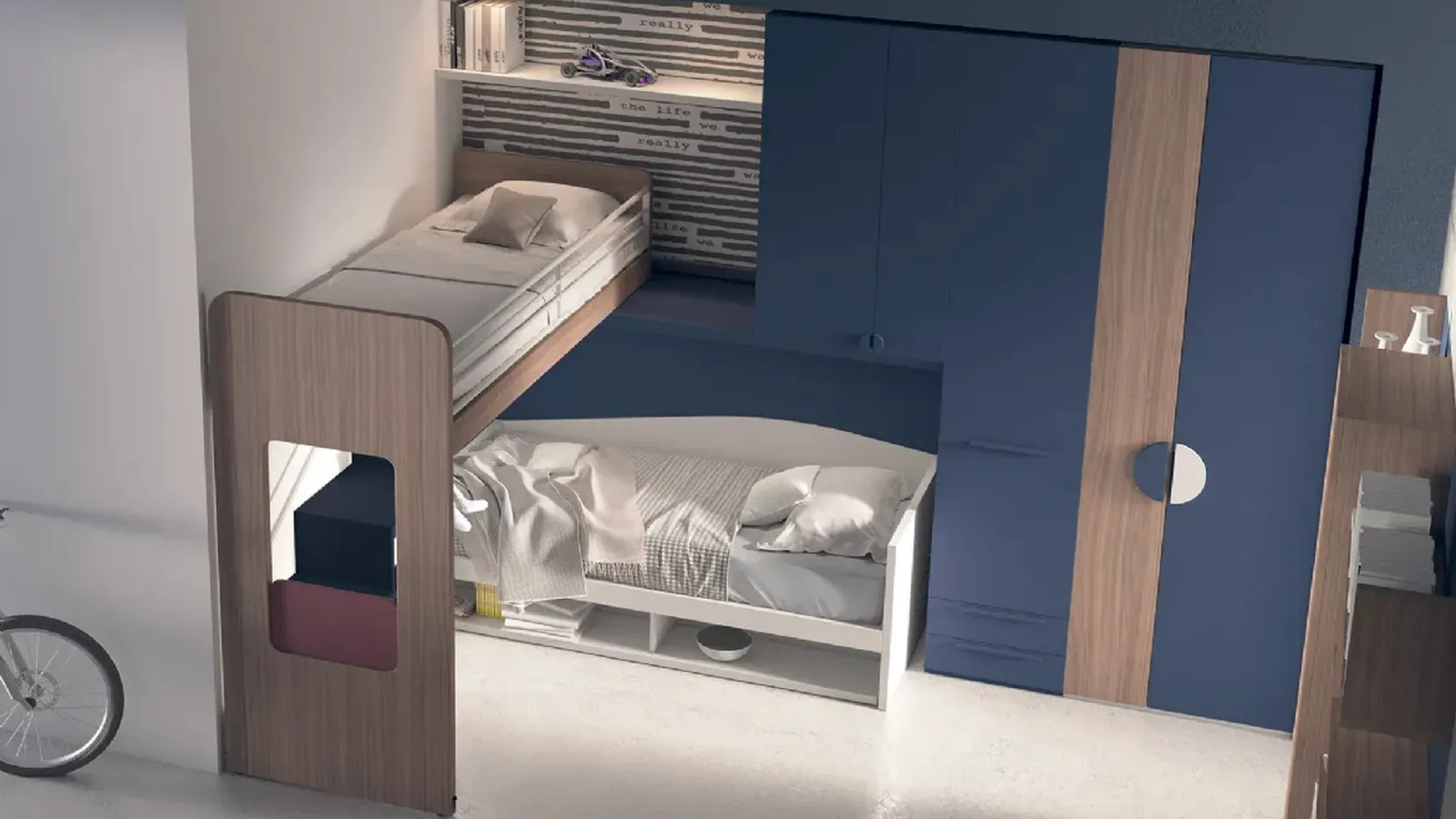 Cameretta S08 A ponte con letti a castello in laccato opaco e melaminico di Dielle