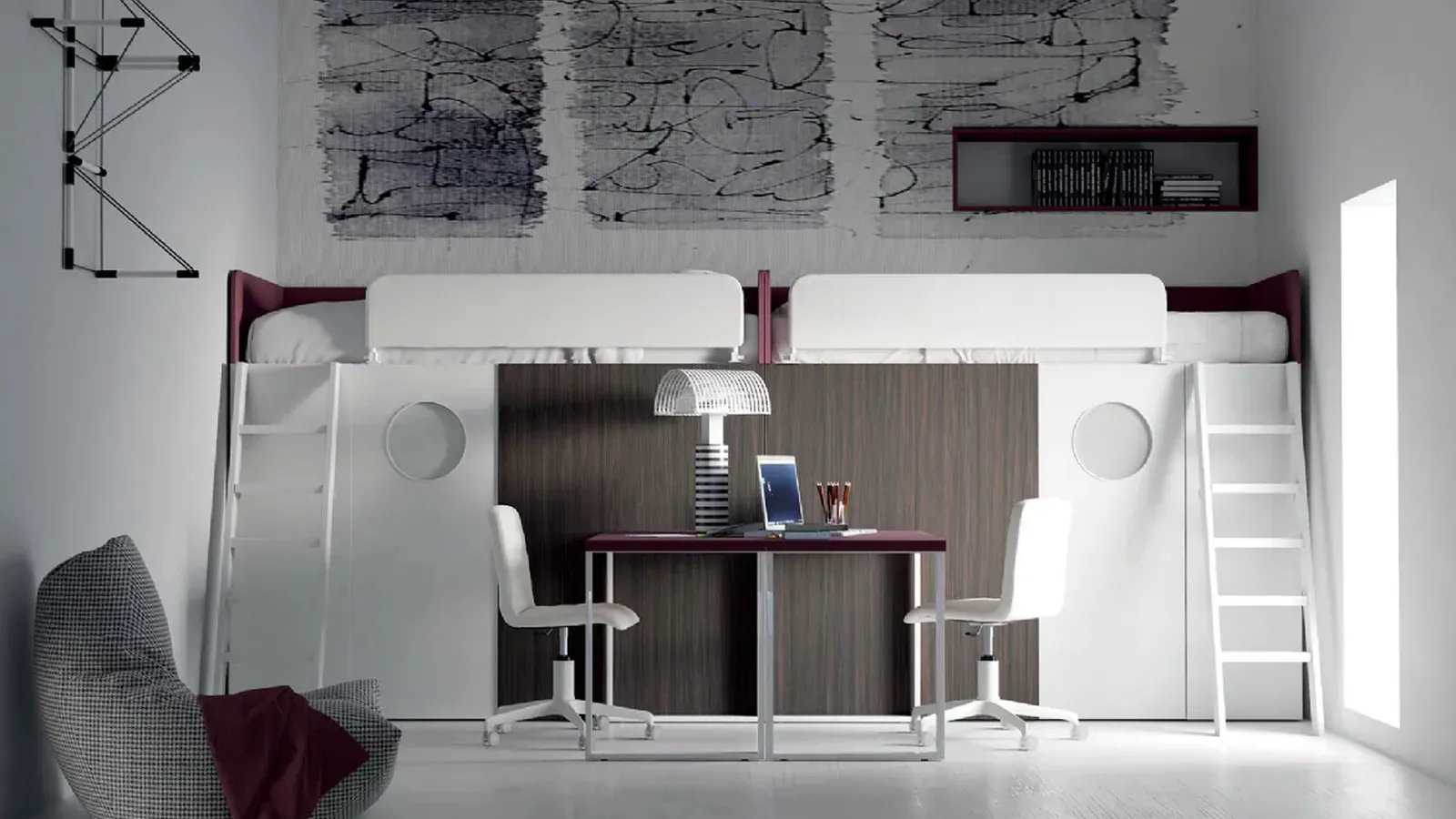 Cameretta S15 A soppalco in laccato opaco e melaminico con due letti, due cabine armadio e due scrivanie di Dielle