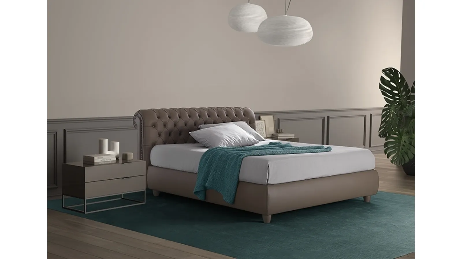 Letto classico Chester in pelle con testiera trapuntata di GR Salotti
