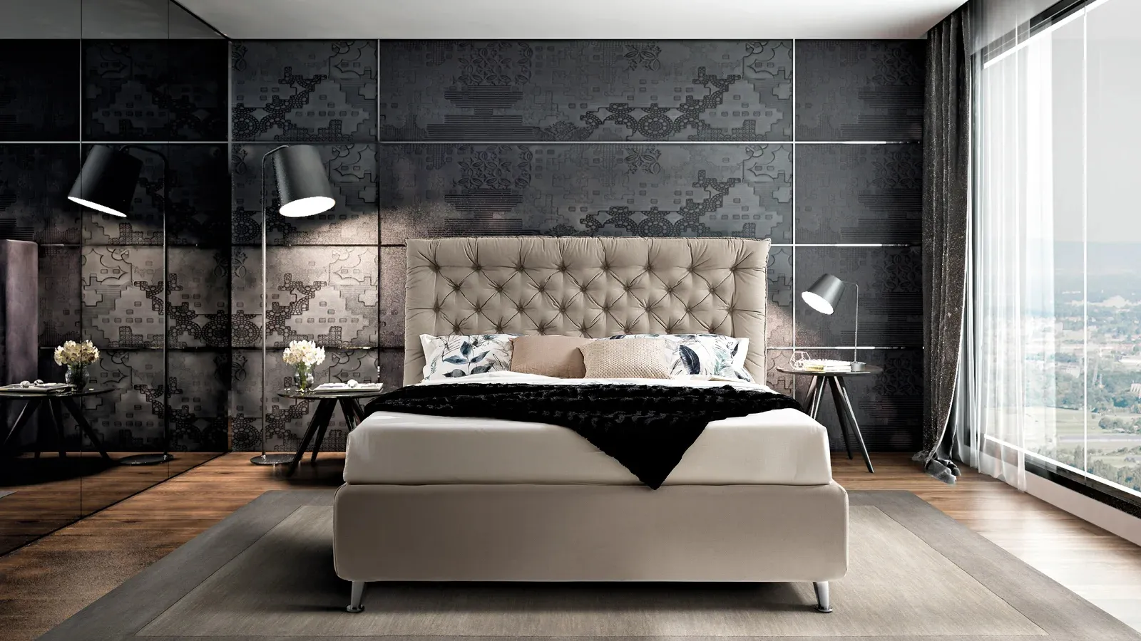 Letto matrimoniale imbottito con testiera alta lavorazione capitonnè Masters di Artigianaletti