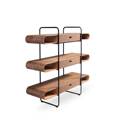 Libreria Apelle in metallo con ripiani in legno e cassetti in cuoio di Midj