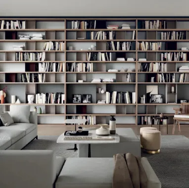 Libreria modulare MOOD 03 in nobilitato noce con box in metallo laccato opaco di Dielle Modus