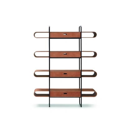 Libreria Apelle in metallo con ripiani in legno e cassetti in cuoio di Midj